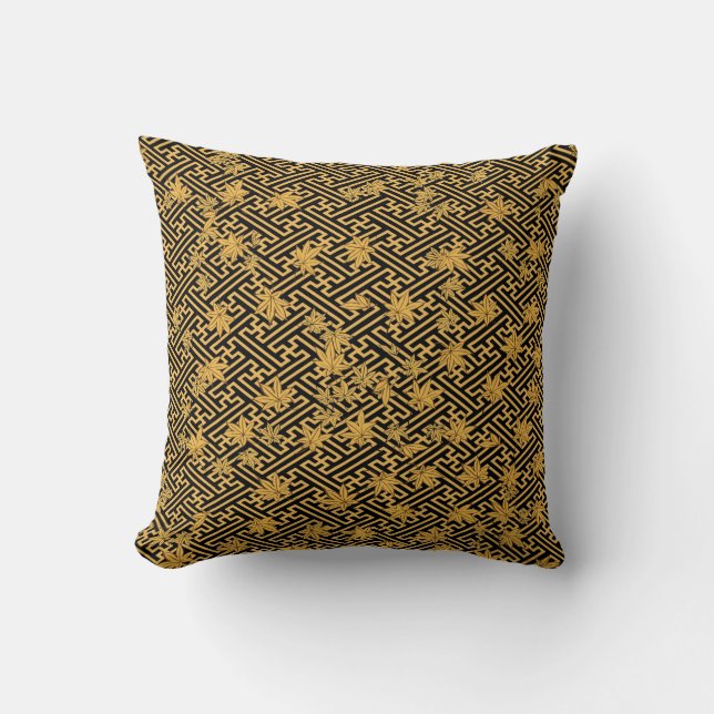 Harmony in Gold: Sayagata Maple Leaves Throw Pillow (Front)