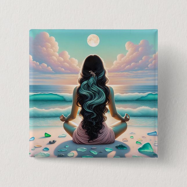 Harmony Meditation on Beach 2 Inch Square Button (Front)