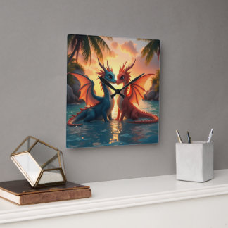 Harmony of Elements: Loving Dragons and a Sea Suns Square Wall Clock