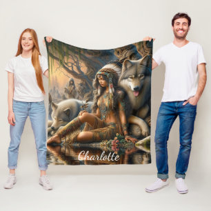 Harmony of nature: A Native Indian and her wolves Fleece Blanket