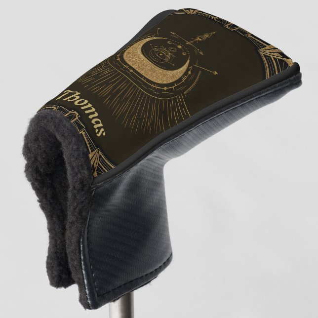 Harmony of the elements: moon, gold and geometry.  golf head cover (3/4 Front)