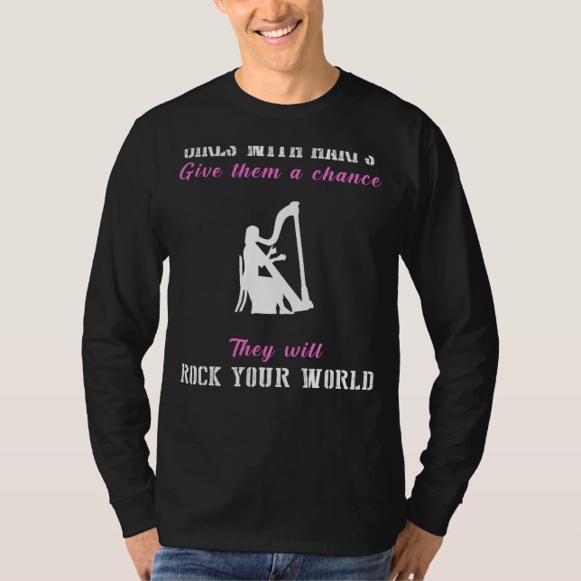 Harmony Unleashed: Girls with Harps Rock Tee (Front)