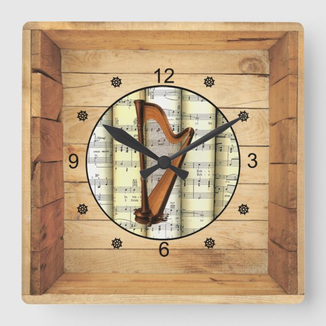 Harp ~ 3 Dimensional ~ Folk Art Box ~ Square Wall Clock (Front)