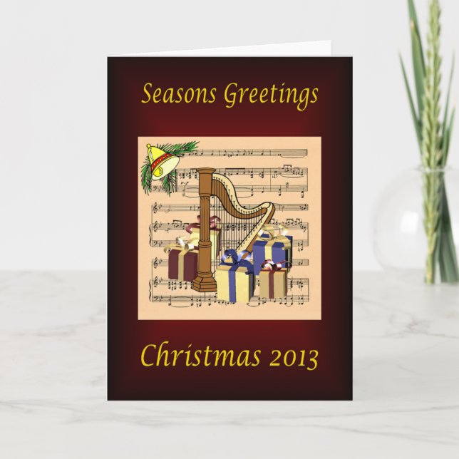 Harp & Christmas Gifts ~ Sheet Music Background Holiday Card (Front)