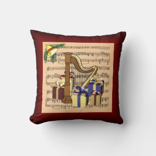 Harp & Christmas Gifts ~ Sheet Music Background Throw Pillow