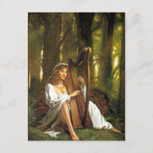 Harp Lady Postcard Enchanting Woman with Harp