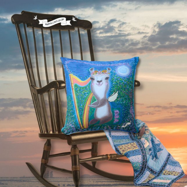 Harp Moon Angel Serenade Throw Pillow (How precious is a harp angel serenade under a silver moon.  
(Objects may look bigger for display))