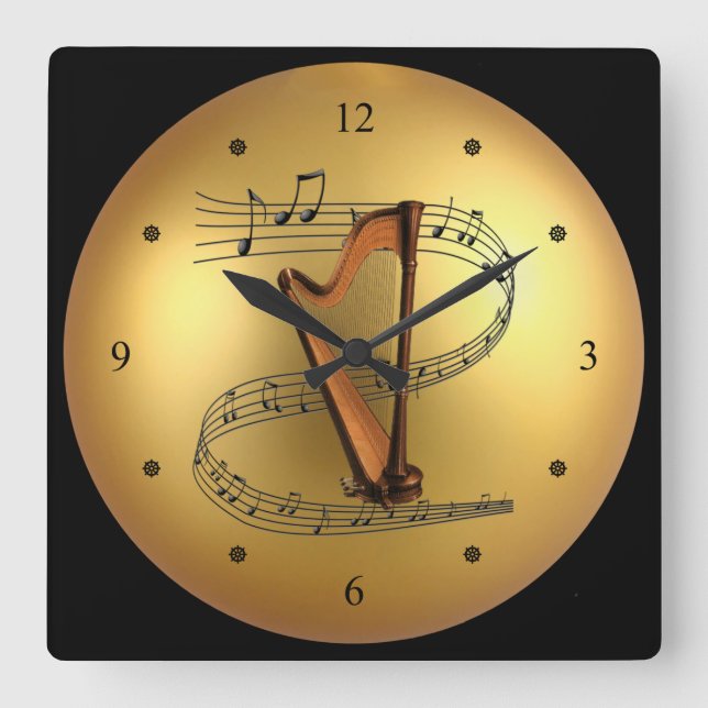 Harp ~ Musical Scroll ~ Golden Globe Background ~ Square Wall Clock (Front)