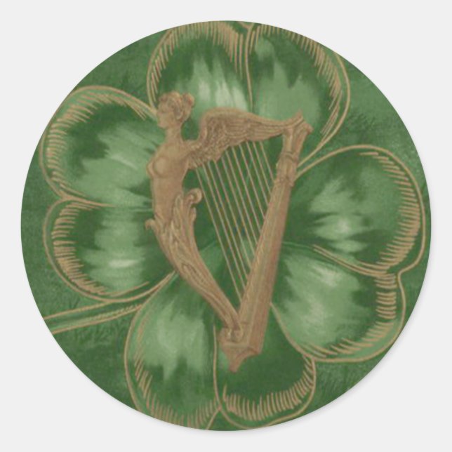 Harp of Erin Four Leaf Clover Green Classic Round Sticker (Front)