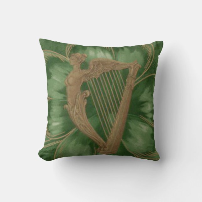 Harp of Erin Four Leaf Clover Green Throw Pillow (Front)