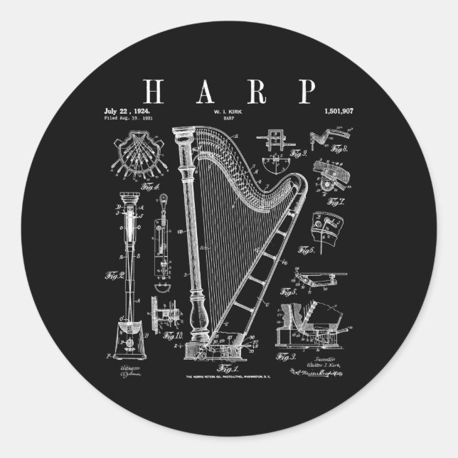 Harp Patent Harpist Drawing Print Classic Round Sticker (Front)
