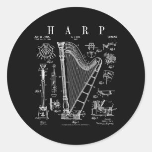 Harp Patent Harpist Drawing Print Classic Round Sticker