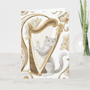 Harp-Playing Cat Greeting Card – Ornate Elegance