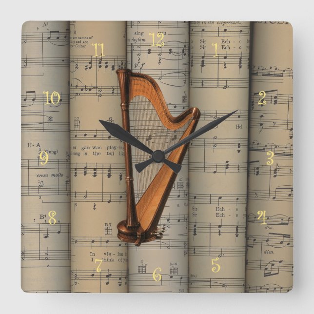 Harp ~ Rolled Sheet Music Background ~ Musical Square Wall Clock (Front)