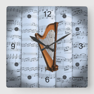 Harp ~ Rolled Sheet Music ~ Blue Tint Background ~ Square Wall Clock