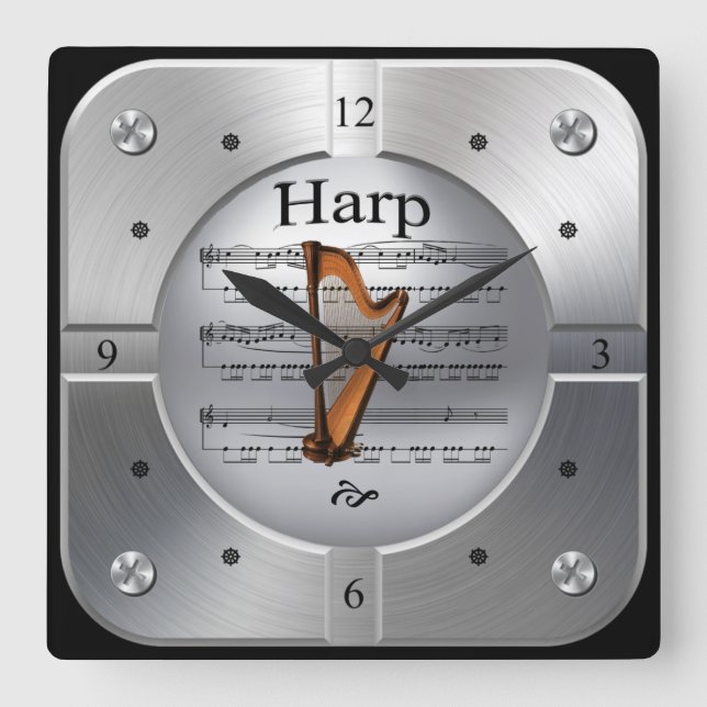 Harp ~ Sheet Music ~ Brushed Silver Color ~ Square Wall Clock (Front)