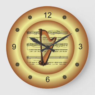~ Harp ~  Sheet Music ~ Gold Background ~ Large Clock