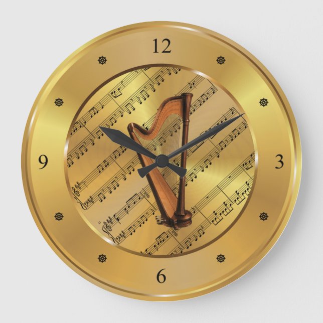 Harp ~ Sheet Music ~ Gold Background ~ Unique ~ Large Clock (Front)