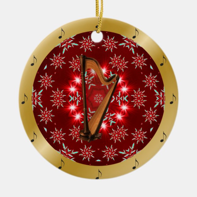 Harp ~ Silver ~ Red~ Gold ~ Christmas ~ Ceramic Ornament (Front)