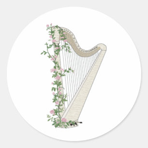 Harp with Roses Classic Round Sticker