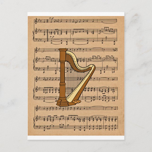 Harp With Sheet Music Background Postcard (Front)