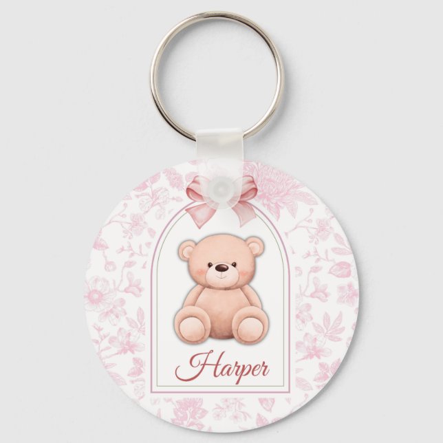 Harper | Custom Pink Teddy Bear Nursery Design  Keychain (Front)