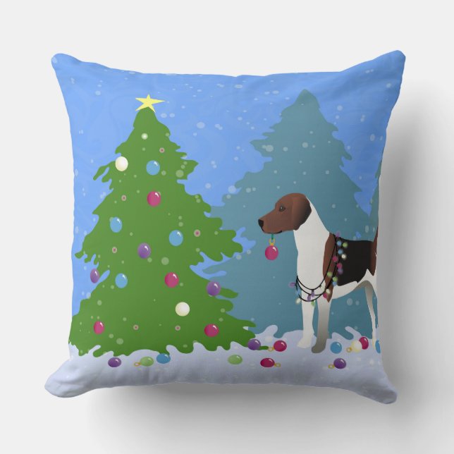 Harrier or Beagle Decorating a Christmas tree Throw Pillow (Front)
