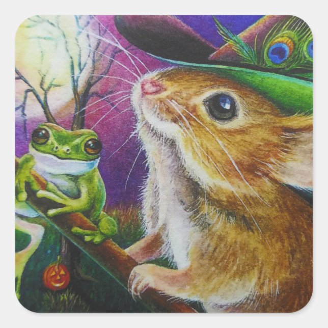 Harriet Halloween Witch Mouse Frog Watercolor Art Square Sticker (Front)