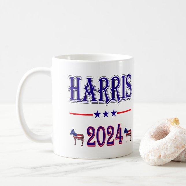 Harris 2024 Pres Democrat Donkeys USA Flag Coffee Mug (With Donut)