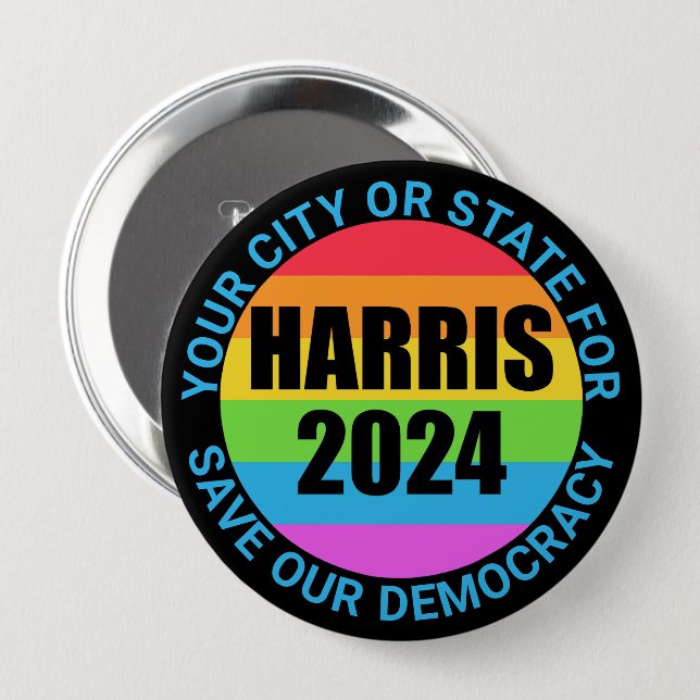 Harris 2024 Rainbow Colours Save Democracy Campaig 4 Inch Round Button (Front & Back)