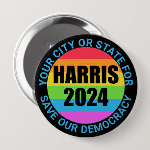 Harris 2024 Rainbow Colours Save Democracy Campaig 4 Inch Round Button