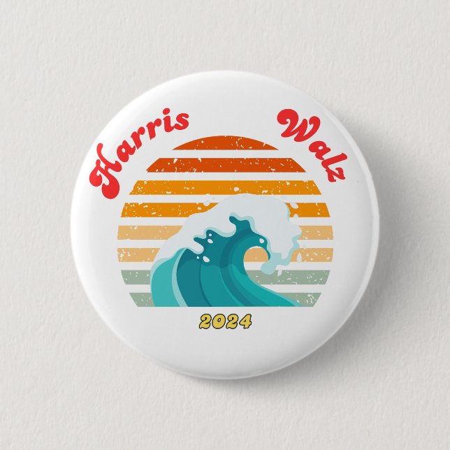 Harris Walz 2024 Election Retro Blue Wave 2 Inch Round Button (Front)