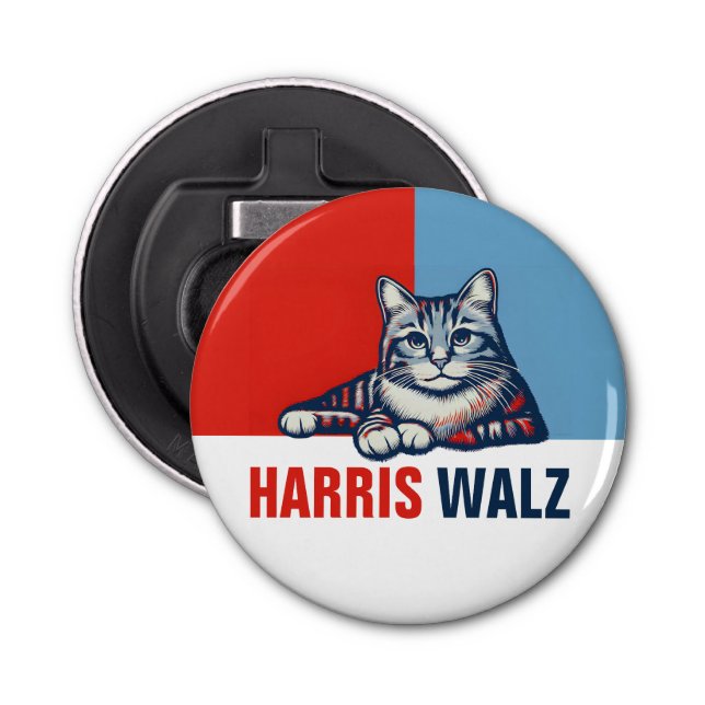 Harris Walz 2024 Obviously Red Blue Cat Bottle Opener (Front)