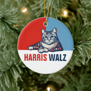 Harris Walz 2024 Obviously Red Blue Cat Ceramic Ornament