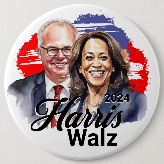 Harris Walz 2024 Presidential Election Jumbo-Sized 6 Inch Round Button (Front)