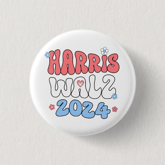 Harris Walz 2024 Retro Hippie Style 1 Inch Round Button (Front)
