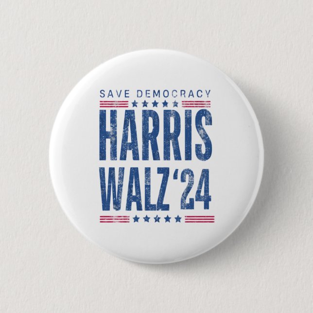 Harris Walz 2024 Save Democracy  2 Inch Round Button (Front)