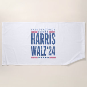 Harris Walz 2024 Save Democracy  Beach Towel