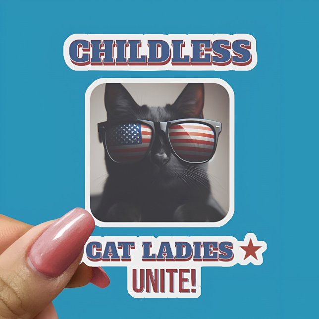 Harris Walz Childless Cat Ladies Unite Photo Cat (The Hand of a Woman Holding a Harris Walz Childless Cat Ladies Unite Photo Cat Sticker)