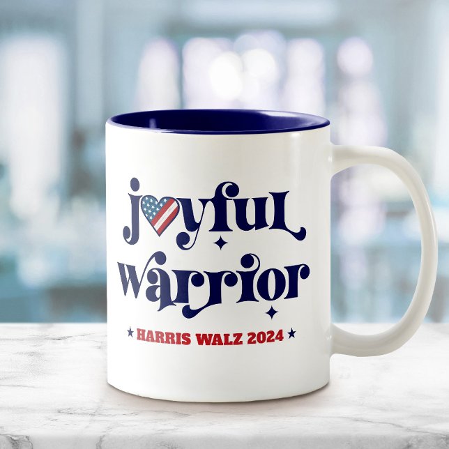Harris Walz Joyful Warrior USA Flag Heart White Two-Tone Coffee Mug (Creator Uploaded)
