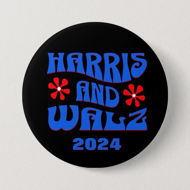 Harris & Walz Retro Flowers Black 3 Inch Round Button (Front)