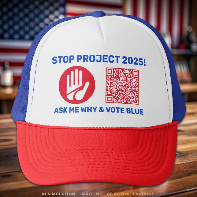 Harris/Walz 'Stop Project 2025!' Vote Blue QR Code Trucker Hat (Creator Uploaded)