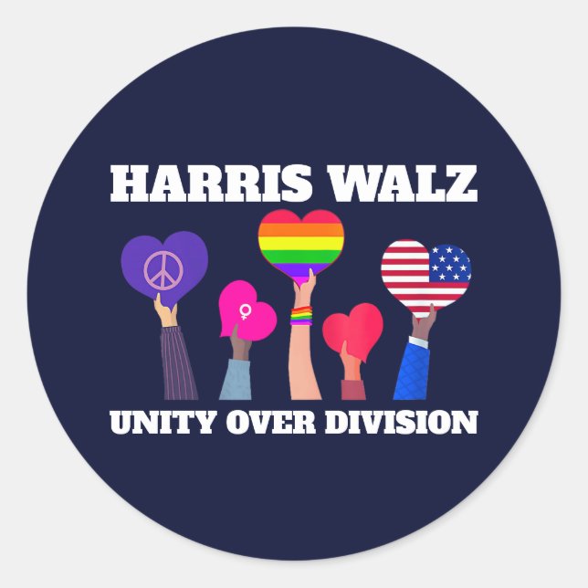 Harris Walz Unity Over Division LGBTQ Dark Blue Classic Round Sticker (Front)