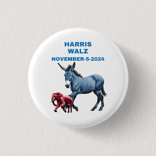 Harris/Walz, vote blue, donkey,elephant, elections 1 Inch Round Button (Front)