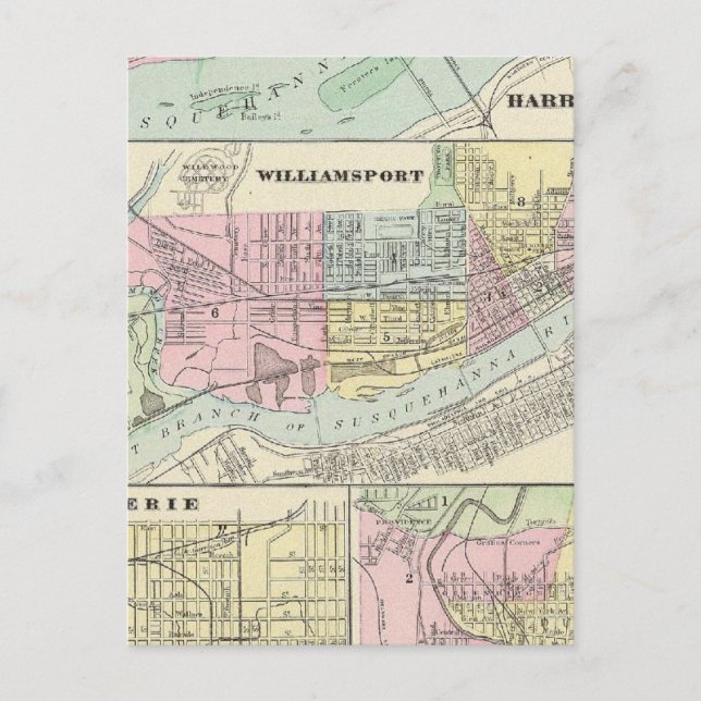 Harrisburg, Williamsport, Erie, Scranton Postcard (Front)