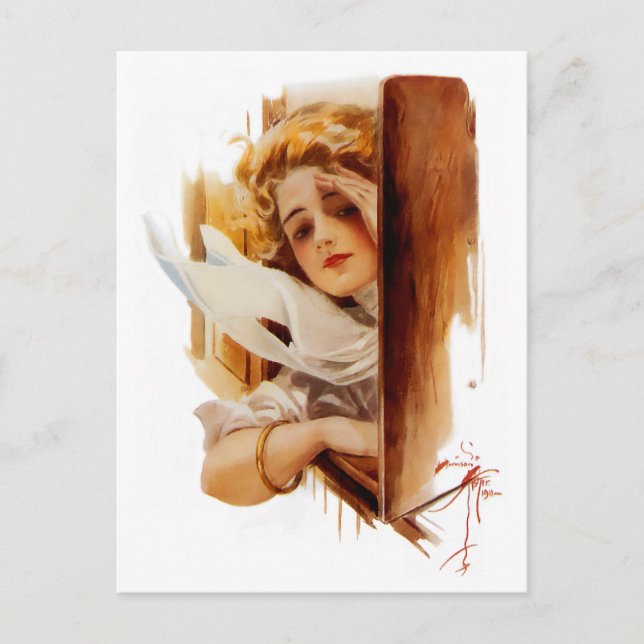 Harrison Fisher: Woman in Train Postcard (Front)