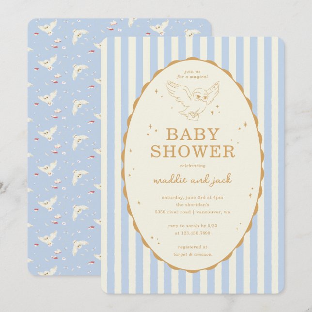 Harry Potter Hedwig Blue Stripe Baby Shower Invitation (Front/Back)