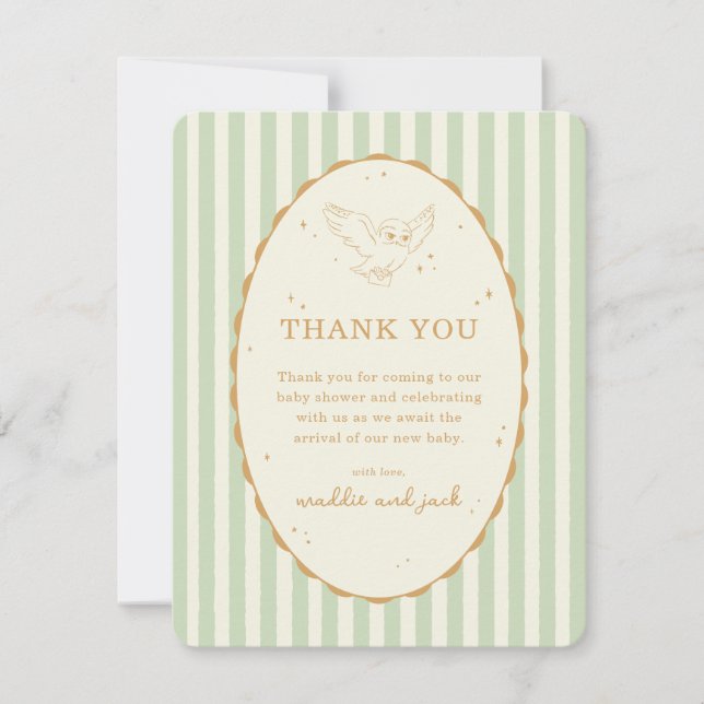 Harry Potter Hedwig Green Stripe Baby Shower Thank You Card (Front)