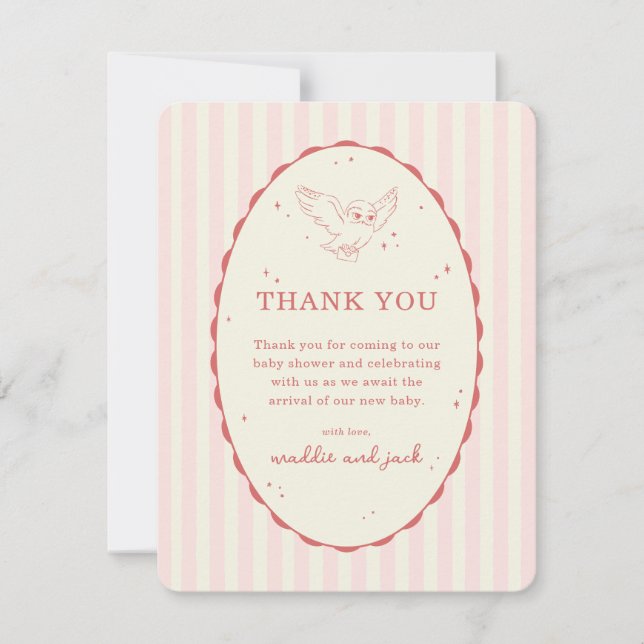 Harry Potter Hedwig Pink Stripe Baby Shower Thank You Card (Front)