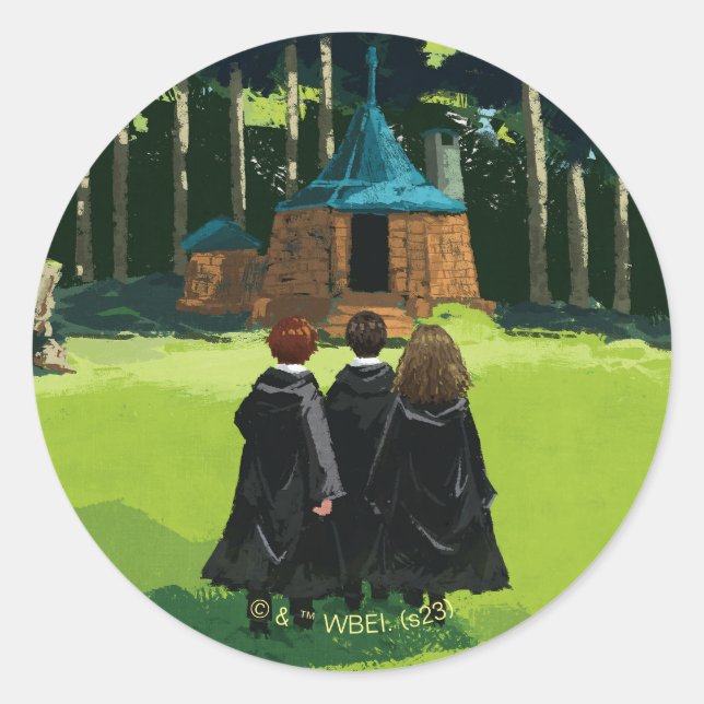 HARRY POTTER™, Ron, & Hermione at Hagrid's Hut Classic Round Sticker (Front)